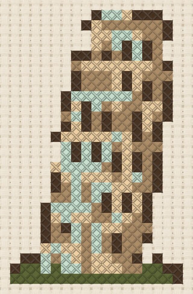 Leaning Tower finished in cross stitch on Aida cloth