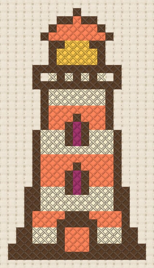Lighthouse finished in cross stitch on Aida cloth