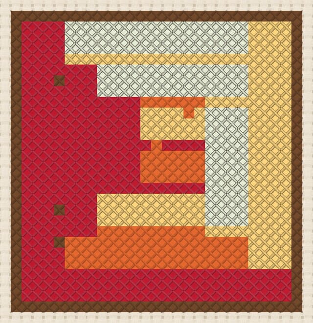 Log cabin quilt block finished in cross stitch on Aida cloth