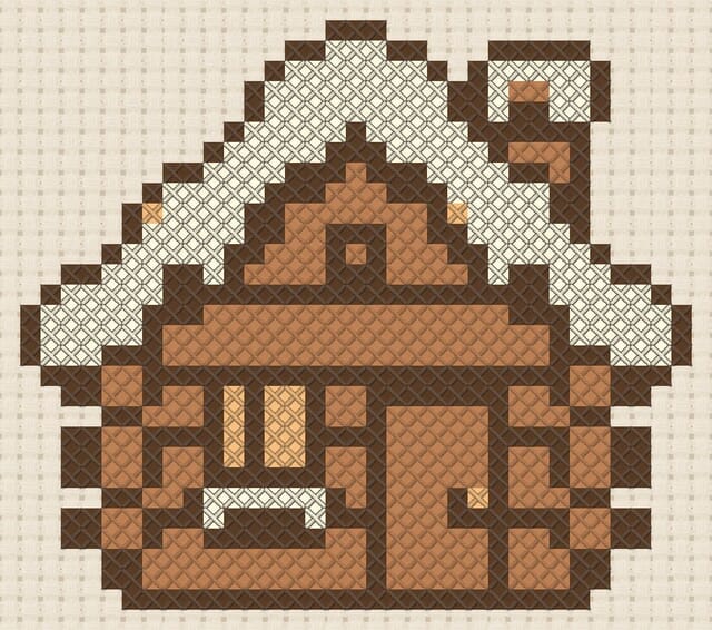 Log cabin in snow finished in cross stitch on Aida cloth