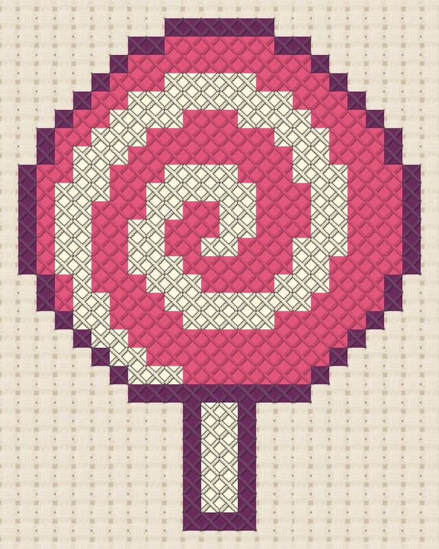 Lollipop finished in cross stitch on Aida cloth