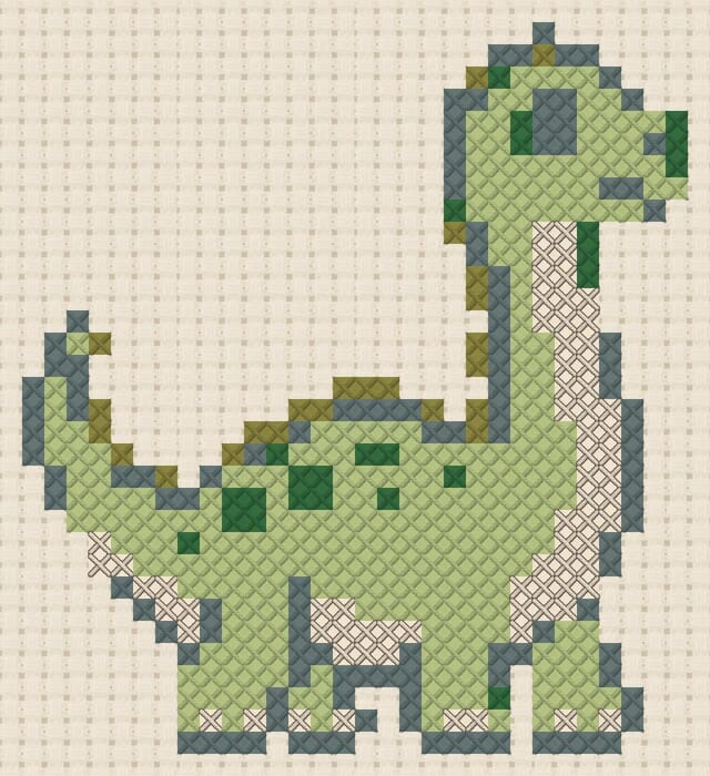 Long-neck dinosaur finished in cross stitch on Aida cloth