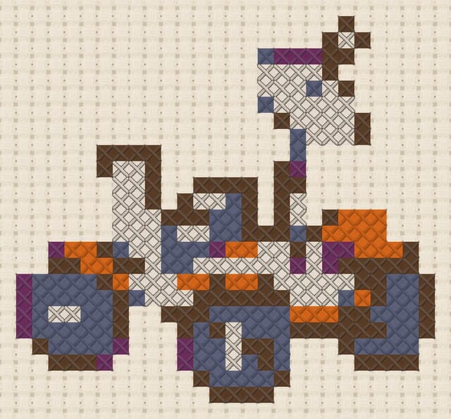 Lunar rover finished in cross stitch on Aida cloth