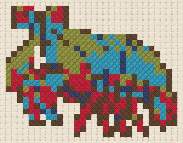 Mantis shrimp finished in cross stitch on Aida cloth