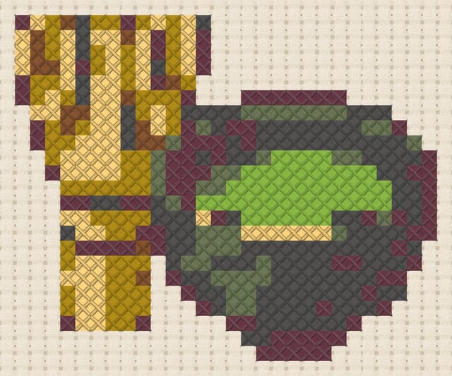 Matcha whisk finished in cross stitch on Aida cloth
