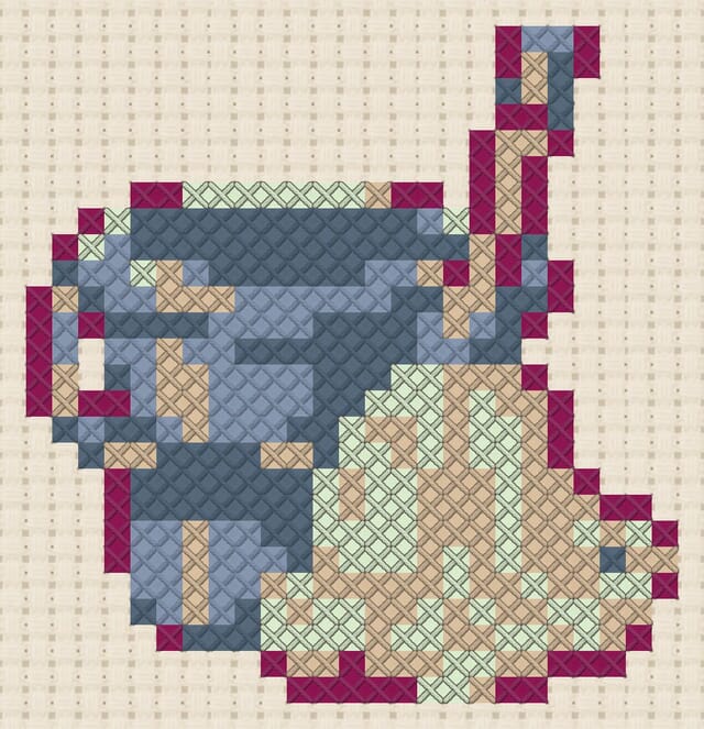 Mop bucket finished in cross stitch on Aida cloth