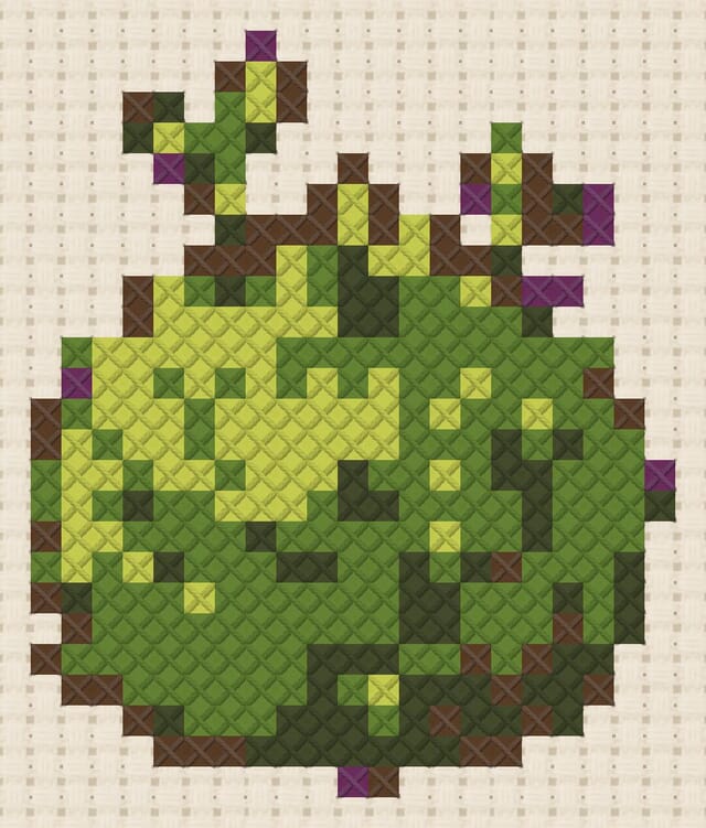 Moss ball finished in cross stitch on Aida cloth