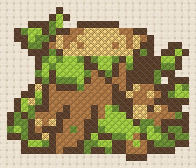 Mossy stump finished in cross stitch on Aida cloth