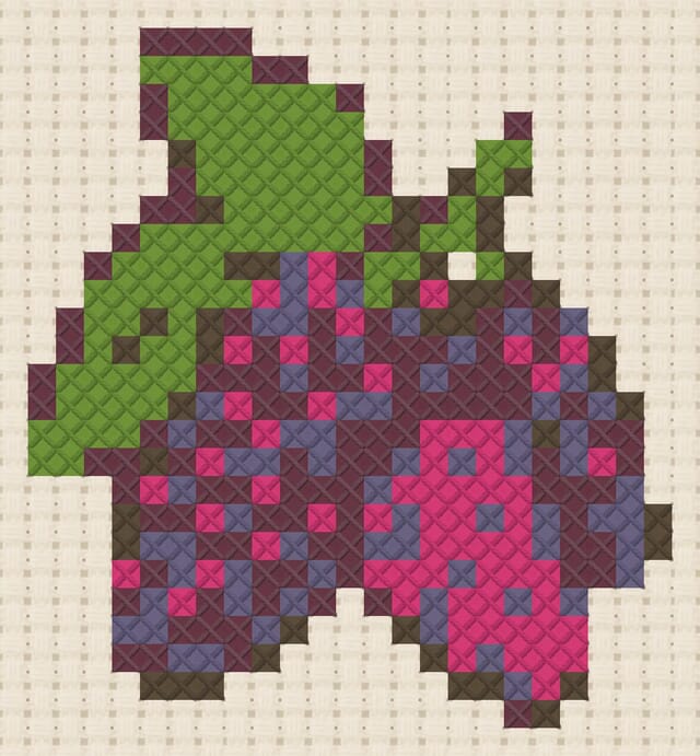 Mulberries finished in cross stitch on Aida cloth
