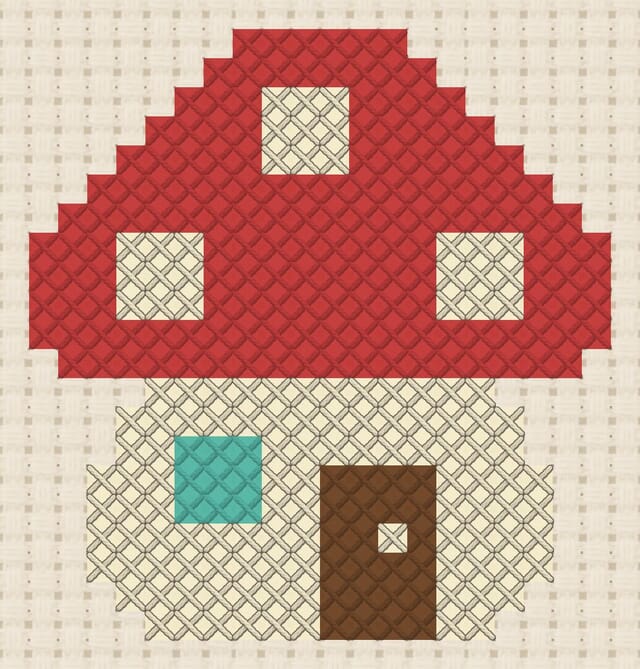 Mushroom house finished in cross stitch on Aida cloth