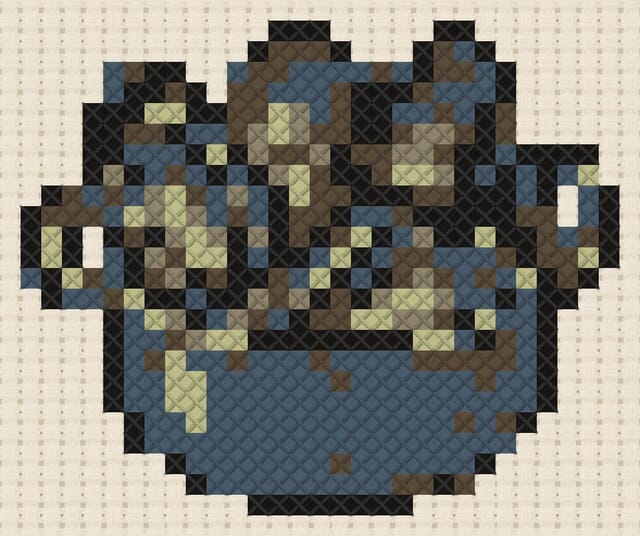 Mussel pot finished in cross stitch on Aida cloth