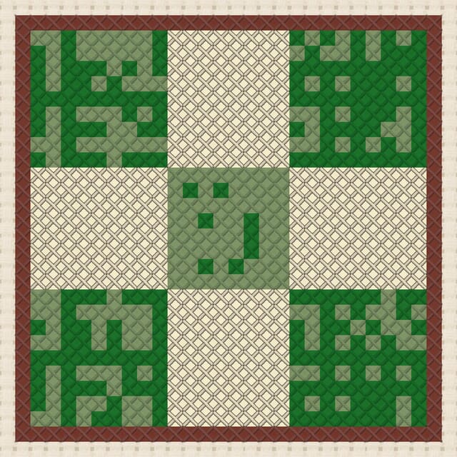 Nine-patch quilt block finished in cross stitch on Aida cloth
