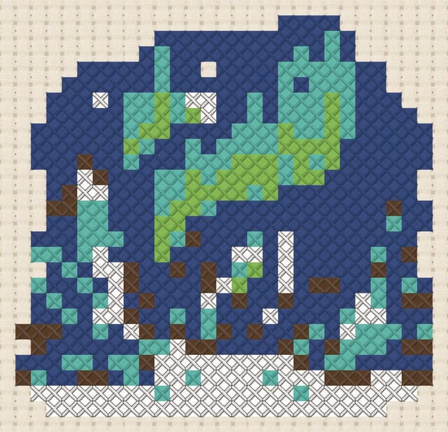 Northern lights finished in cross stitch on Aida cloth