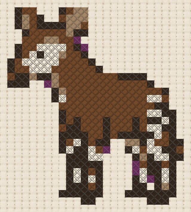 Okapi finished in cross stitch on Aida cloth