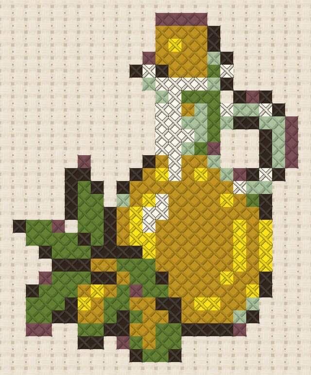 Olive oil bottle finished in cross stitch on Aida cloth