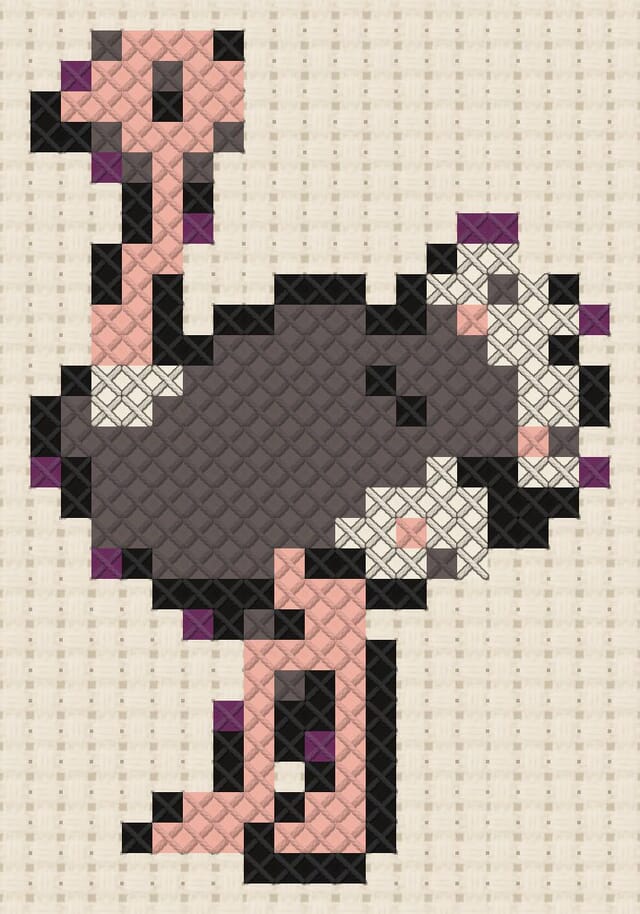 Ostrich finished in cross stitch on Aida cloth