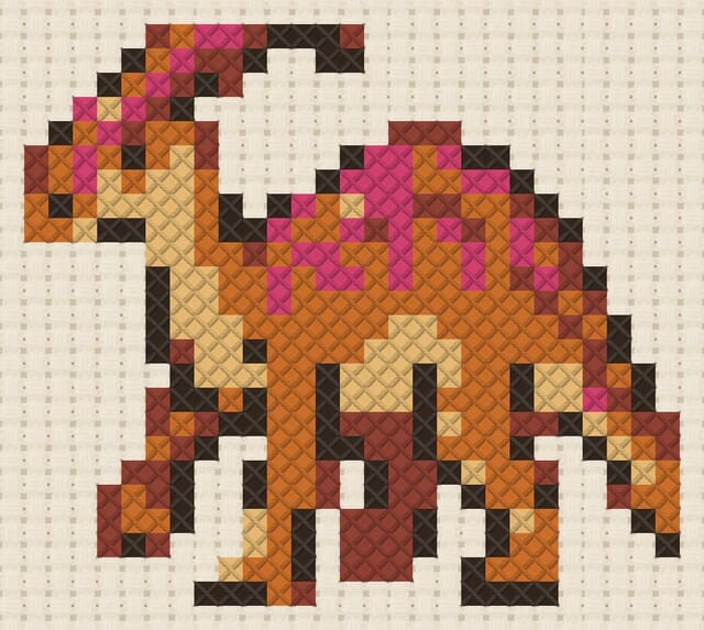 Parasaurolophus finished in cross stitch on Aida cloth