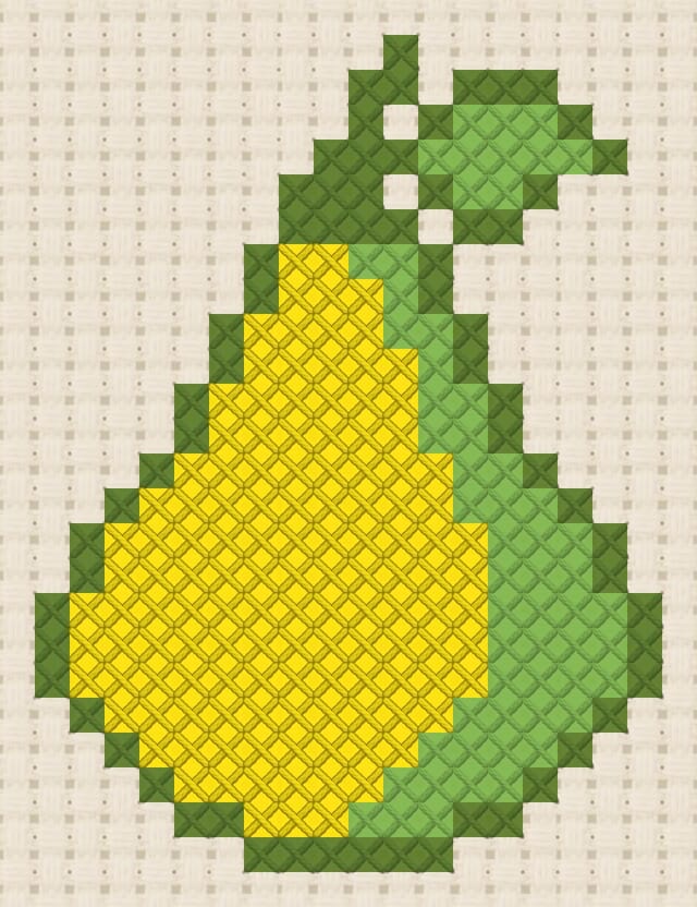 Pear finished in cross stitch on Aida cloth