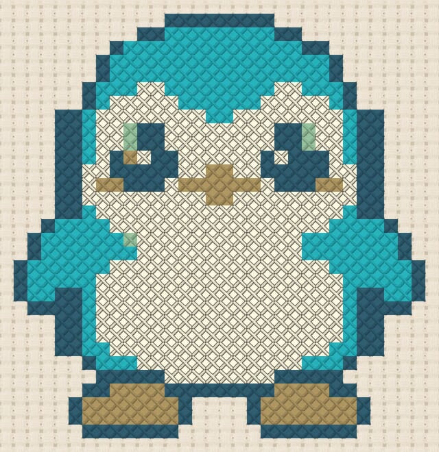 Penguin finished in cross stitch on Aida cloth