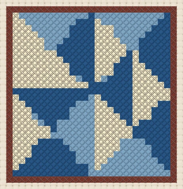 Pinwheel quilt block finished in cross stitch on Aida cloth