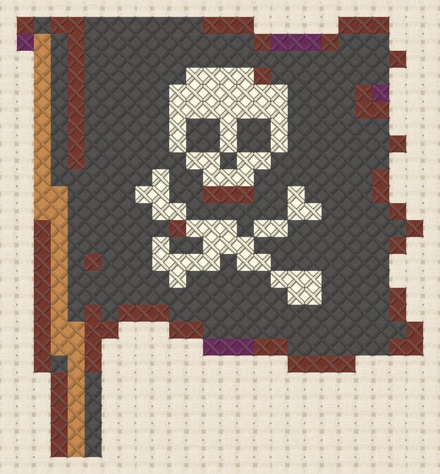 Pirate flag finished in cross stitch on Aida cloth
