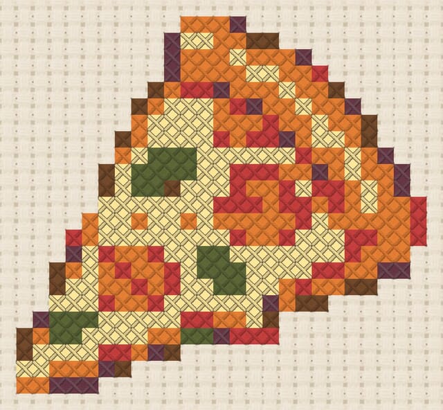 Pizza slice finished in cross stitch on Aida cloth