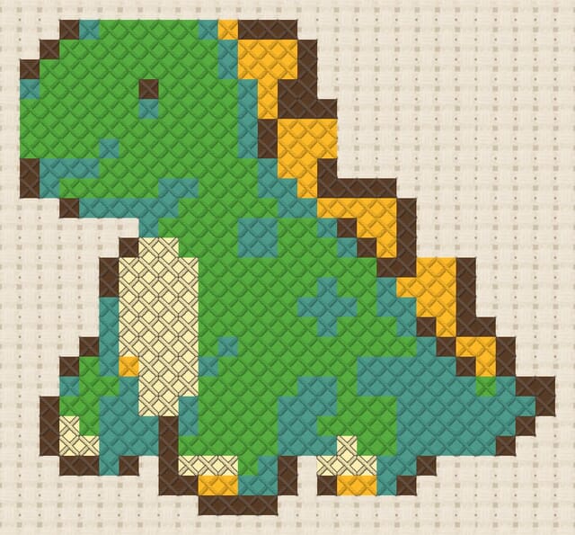 Plush dinosaur finished in cross stitch on Aida cloth