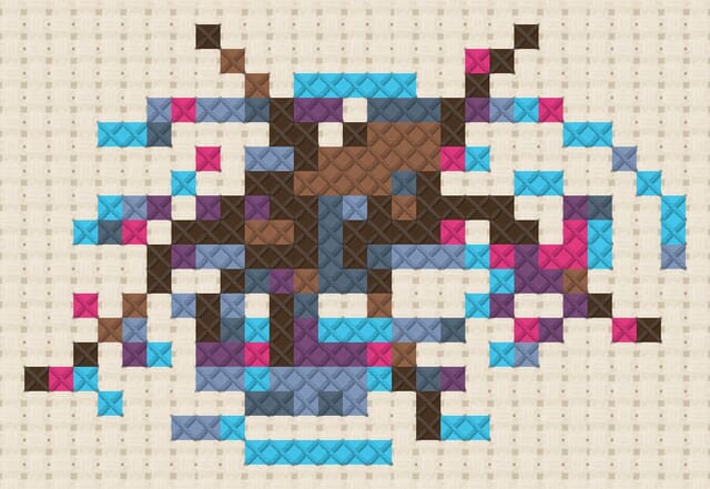 Pond skater finished in cross stitch on Aida cloth