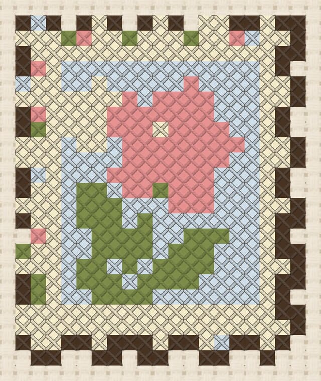 Postage stamp finished in cross stitch on Aida cloth