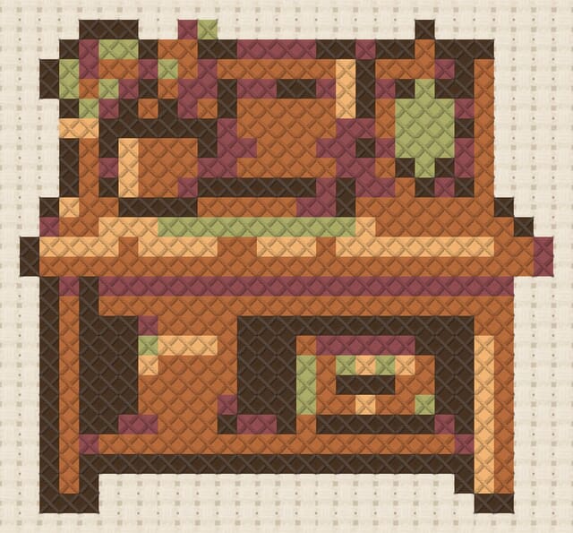 Potting bench finished in cross stitch on Aida cloth