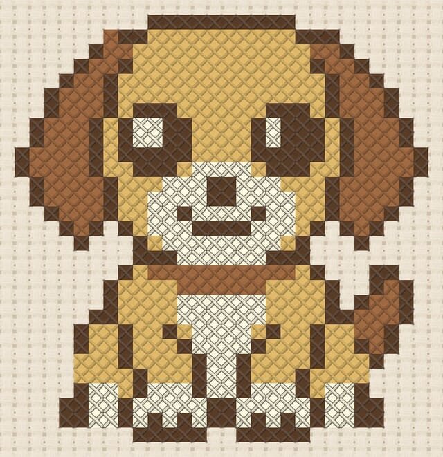 Puppy finished in cross stitch on Aida cloth