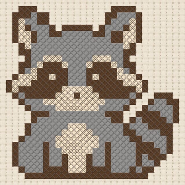 Raccoon finished in cross stitch on Aida cloth