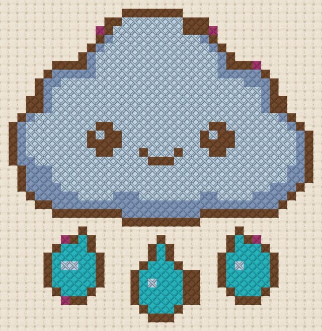 Raincloud with drops finished in cross stitch on Aida cloth