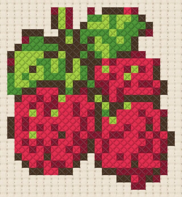 Raspberries finished in cross stitch on Aida cloth