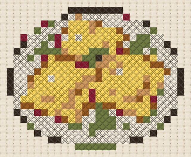 Ravioli finished in cross stitch on Aida cloth