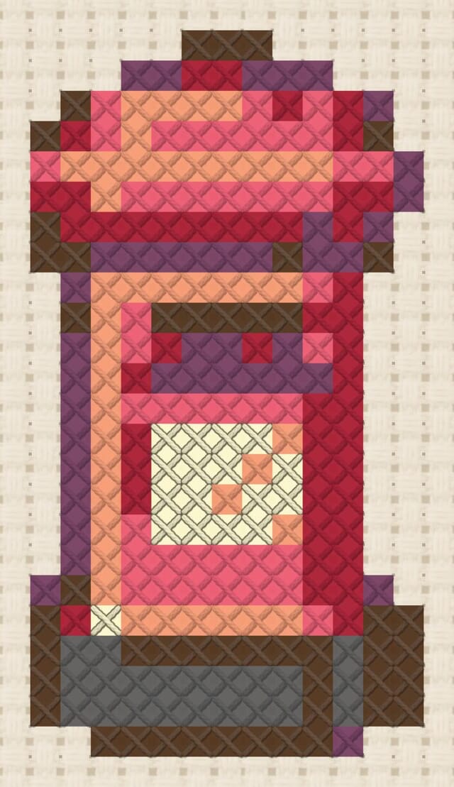 Red postbox finished in cross stitch on Aida cloth