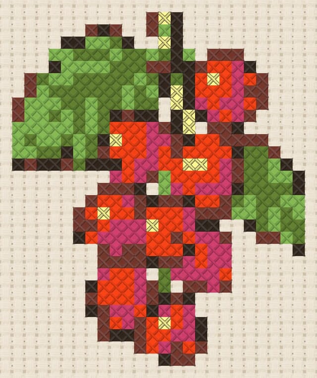 Redcurrants finished in cross stitch on Aida cloth
