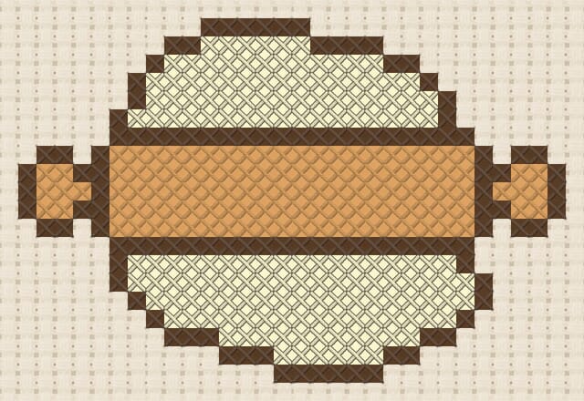 Rolling pin and dough finished in cross stitch on Aida cloth