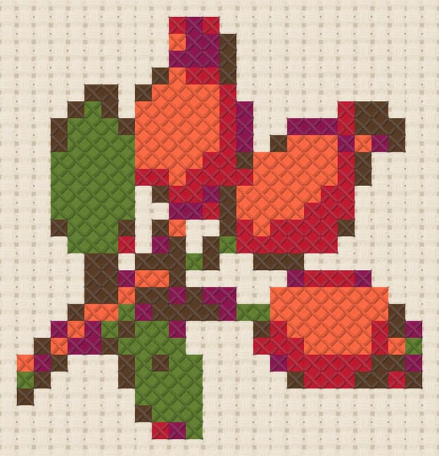 Rosehips finished in cross stitch on Aida cloth