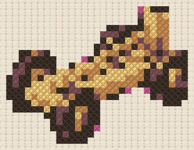 Rubber-band racer finished in cross stitch on Aida cloth