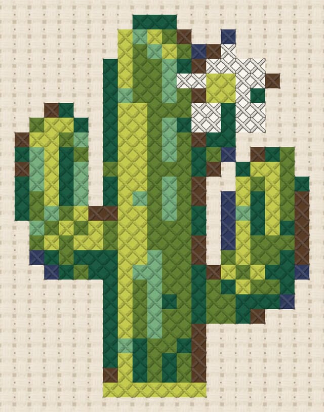 Saguaro cactus finished in cross stitch on Aida cloth