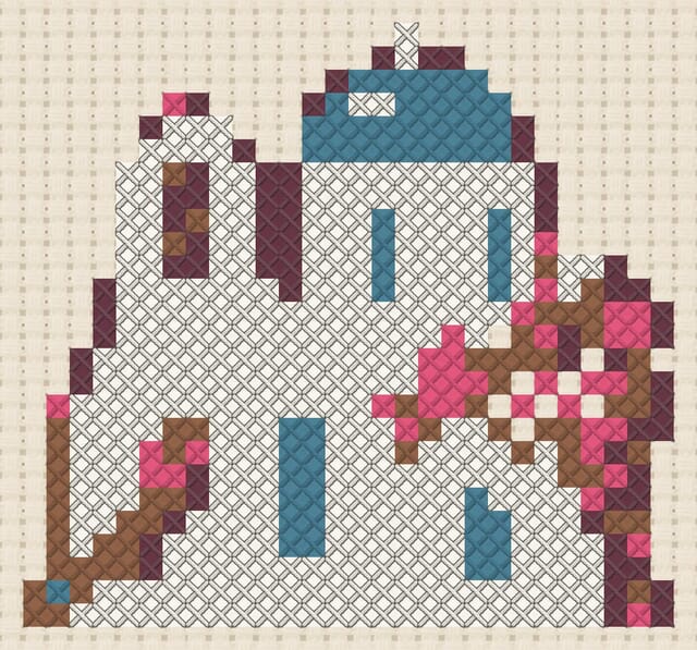 Santorini chapel finished in cross stitch on Aida cloth