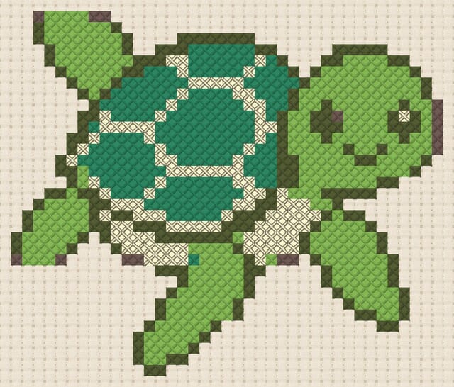 Sea turtle finished in cross stitch on Aida cloth