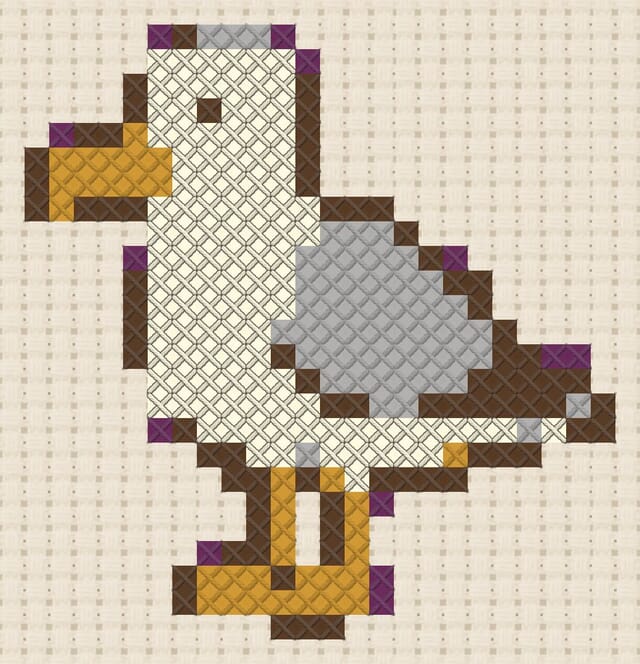 Seagull finished in cross stitch on Aida cloth