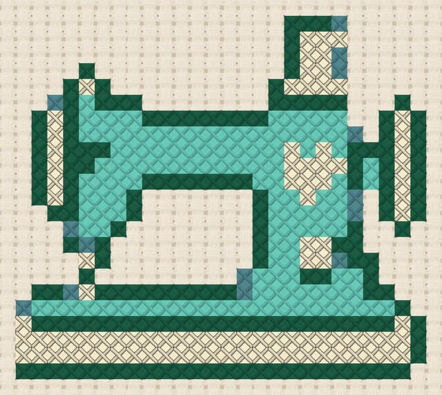 Sewing machine finished in cross stitch on Aida cloth