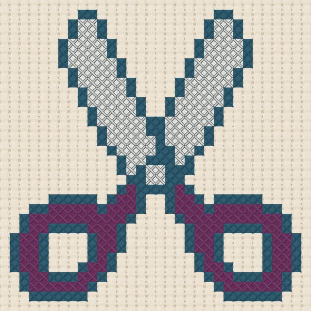 Sewing scissors finished in cross stitch on Aida cloth