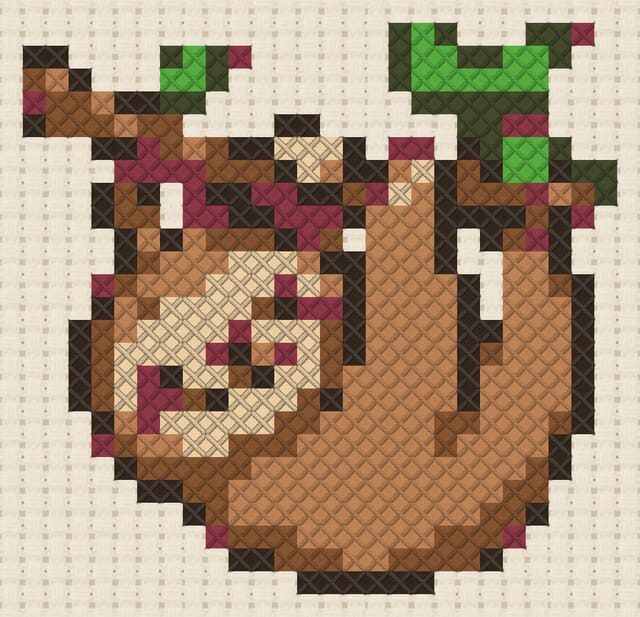 Sleepy sloth finished in cross stitch on Aida cloth