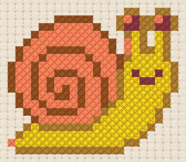 Snail finished in cross stitch on Aida cloth