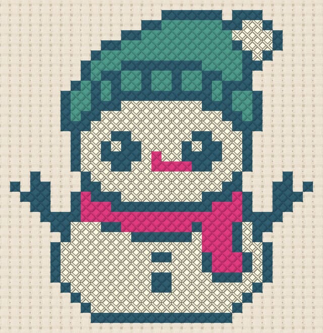 Snowman finished in cross stitch on Aida cloth