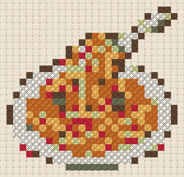 Spaghetti nest finished in cross stitch on Aida cloth